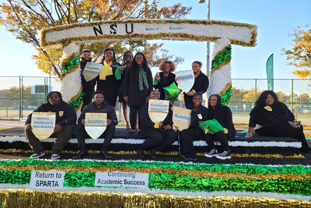 business students on fa parade float