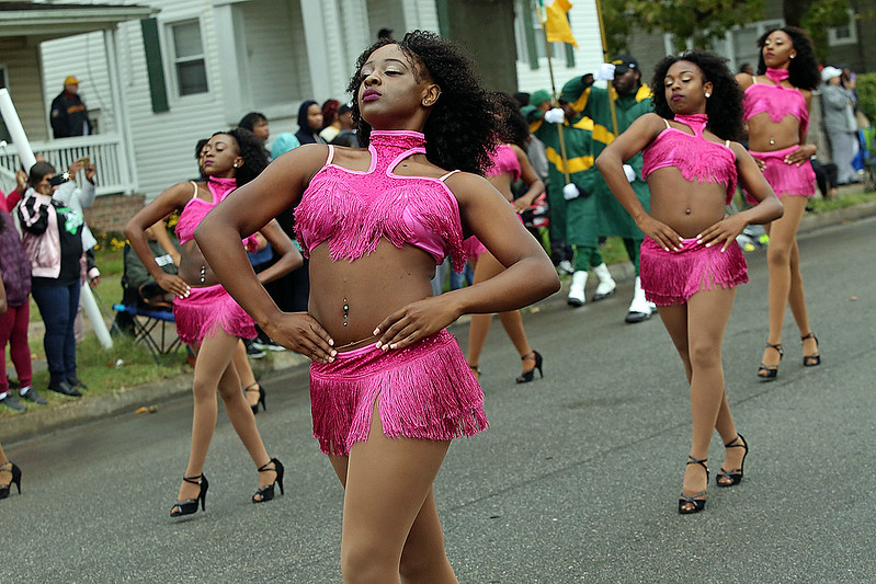 hot ice in pink outfit in the homecoming parade