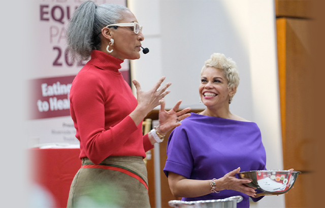 celebrity chef carla hall with moderator april woodard at nsu