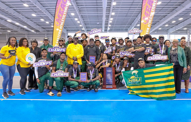 nsu track and field team take a group photo at the Meach championship