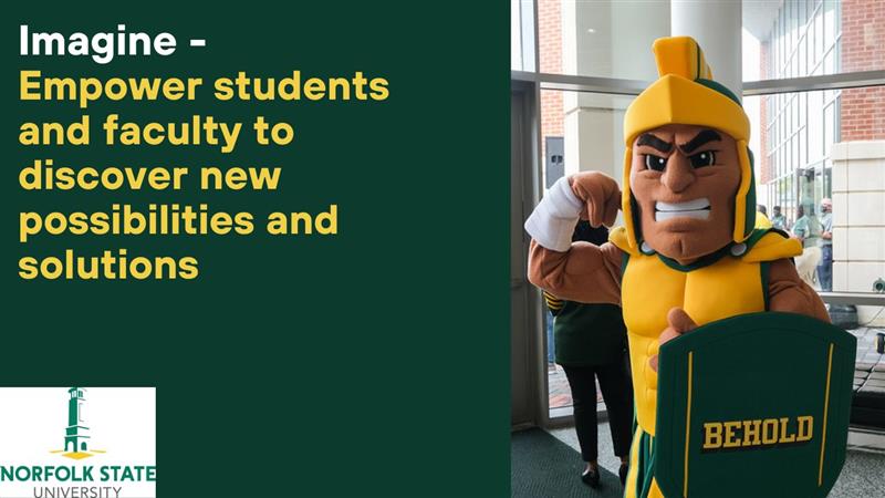 image of NSU mascott saying Imagine - empower students and faculty to discover new possibilities and solutions