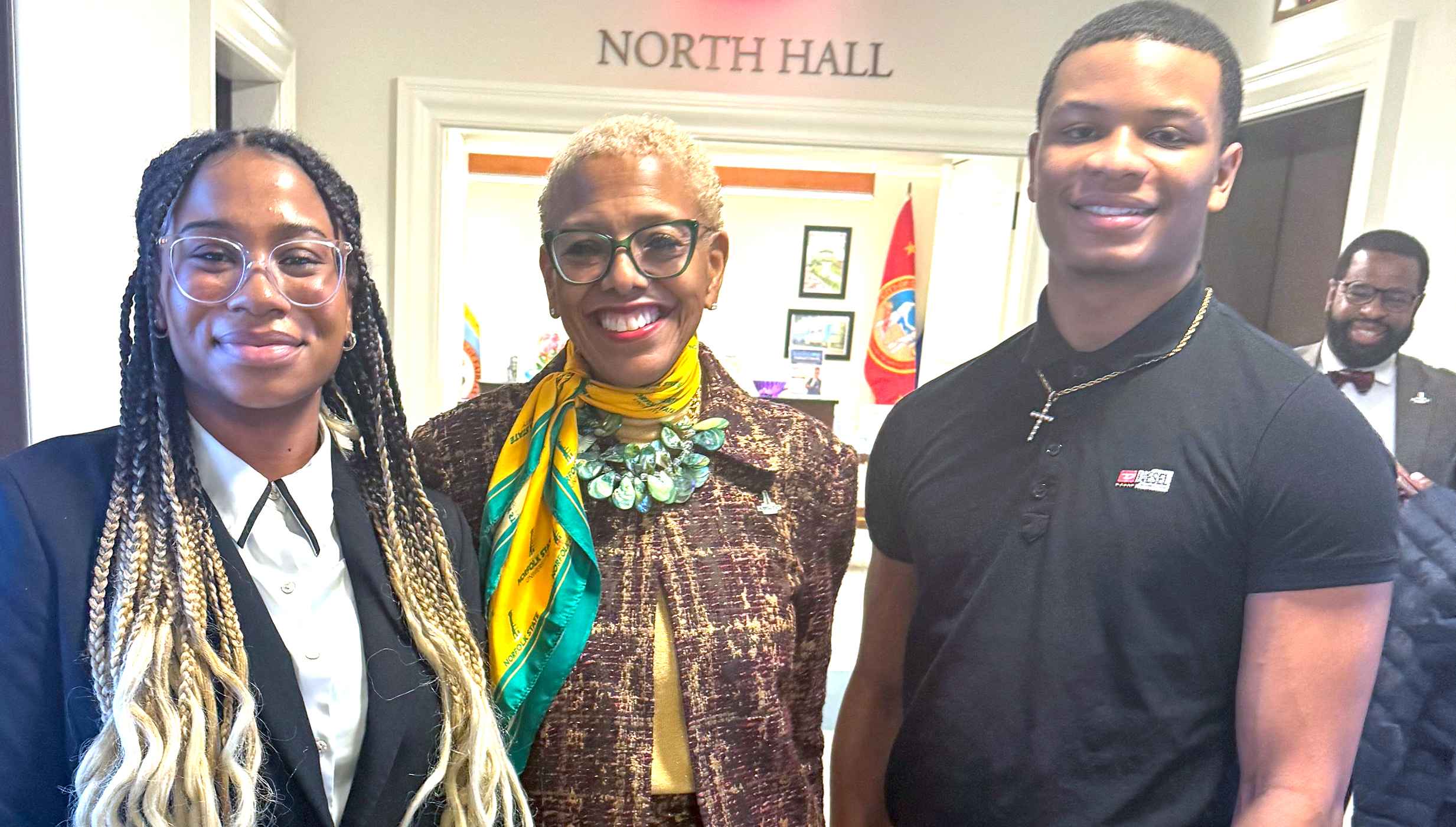 President Adams-Gaston with two NSU students