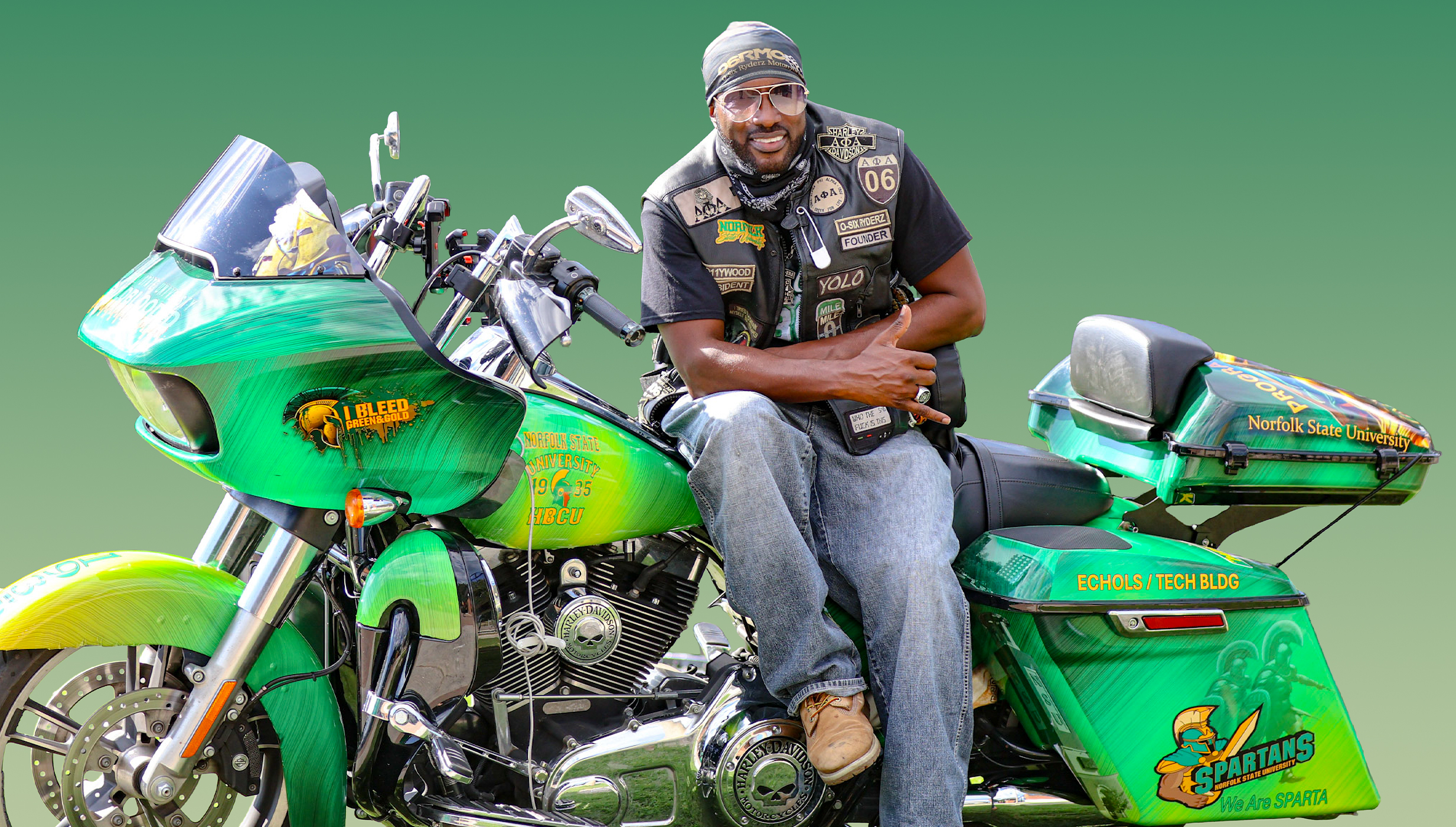 roderick bell on his HBCU themed motorcycle