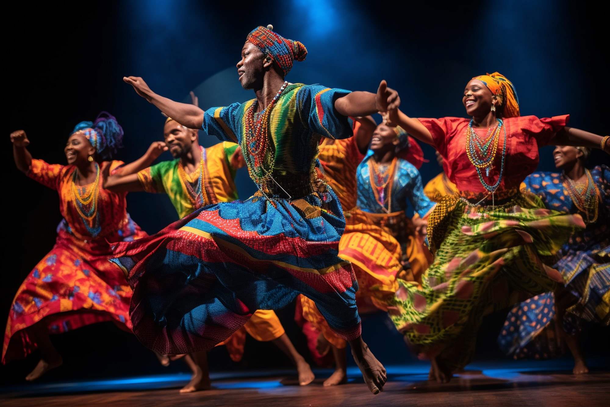 African dancers in colorful traditional African apparel.