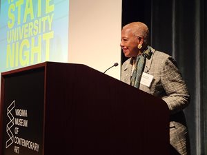 Norfolk State University President Dr. Javaune Adams-Gaston speaks on the importance of NSU Night at Virginia MOCA.