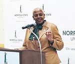 NSU President Dr. Javaune Adams-Gaston addresses participants at the NSU media reception.